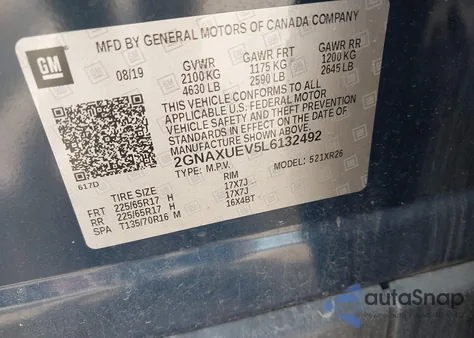 2020 Chevrolet Equinox Awd Lt 1.5L Turbo z USA, uszkodzony, nr VIN 2GNAXUEV5L6132492